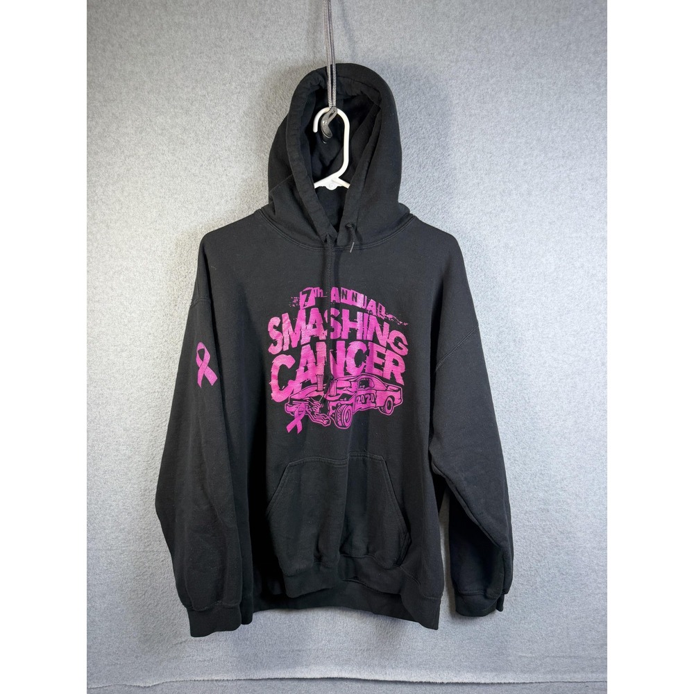 Gildan Hoodie Mens Large Black Smashing Cancer Pullover Fleece Pink Car Graphic